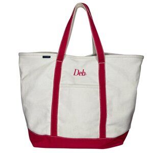 Lands End Canvas Tote Bag‎ XL 24" With Red Straps Beige "Deb" Beach Pool Grocery